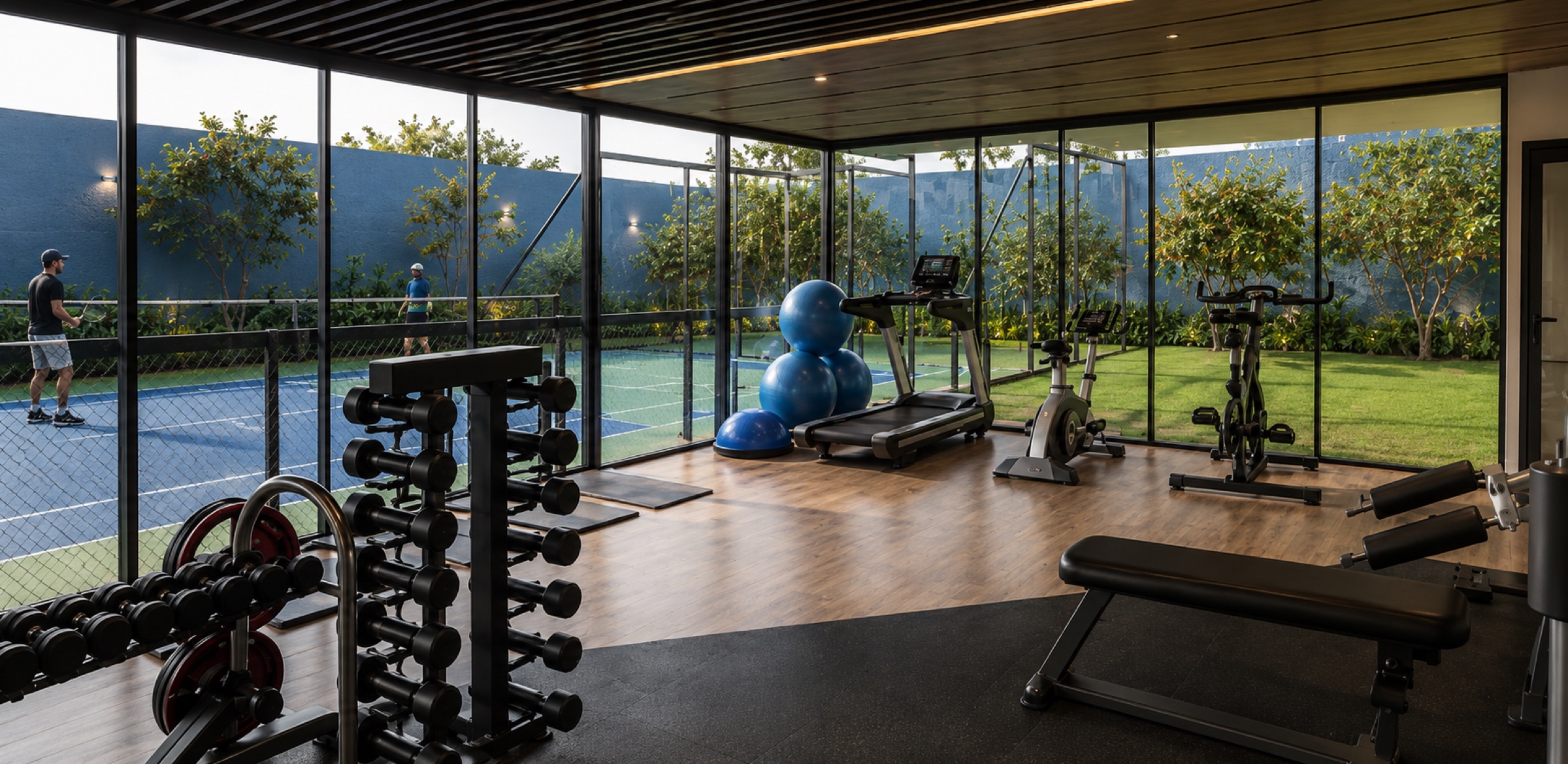 Interior do pavilhão de treino com vidro contínuo e quadra ao fundo