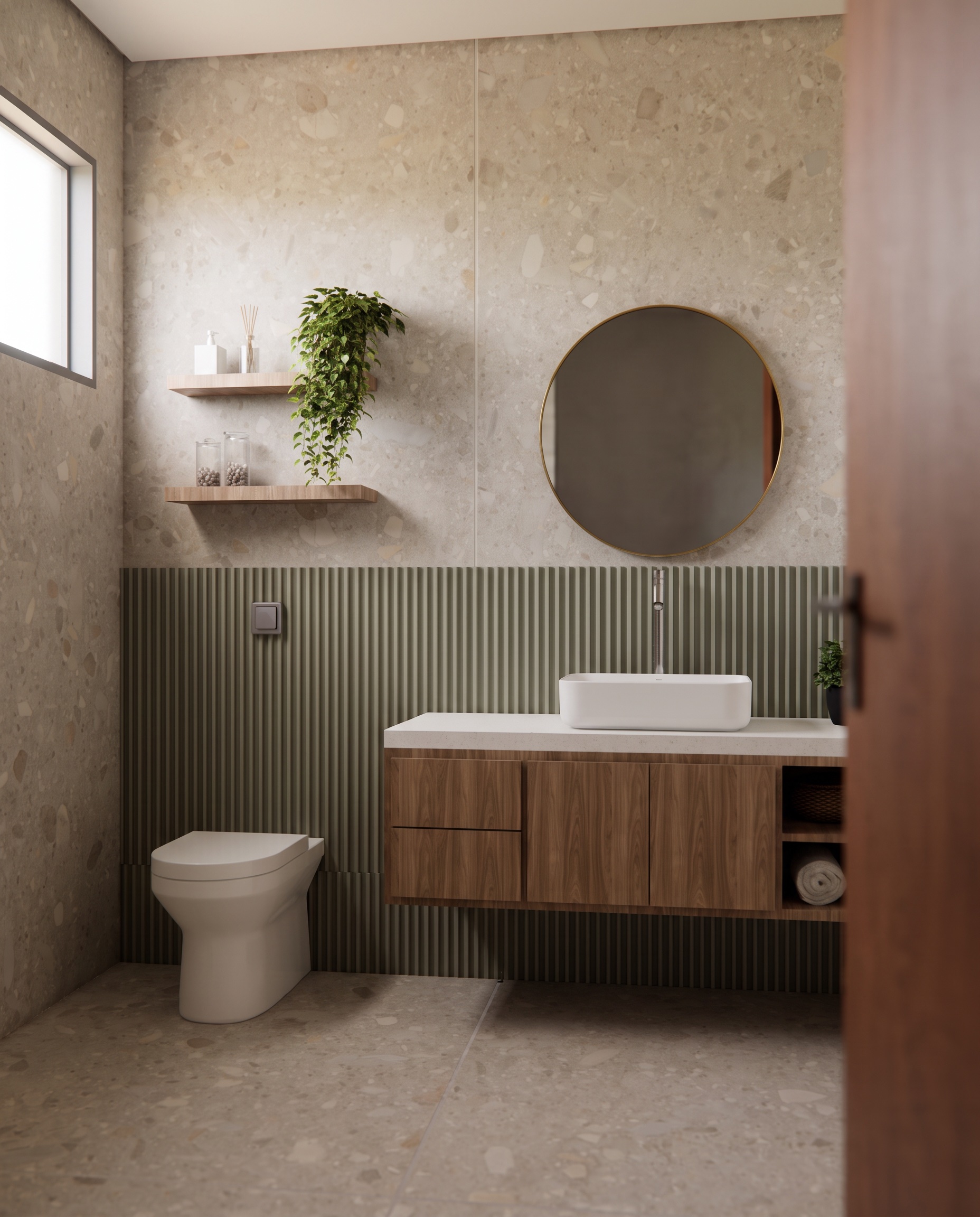 Lavabo com piso em terrazzo e ripado em tom oliva