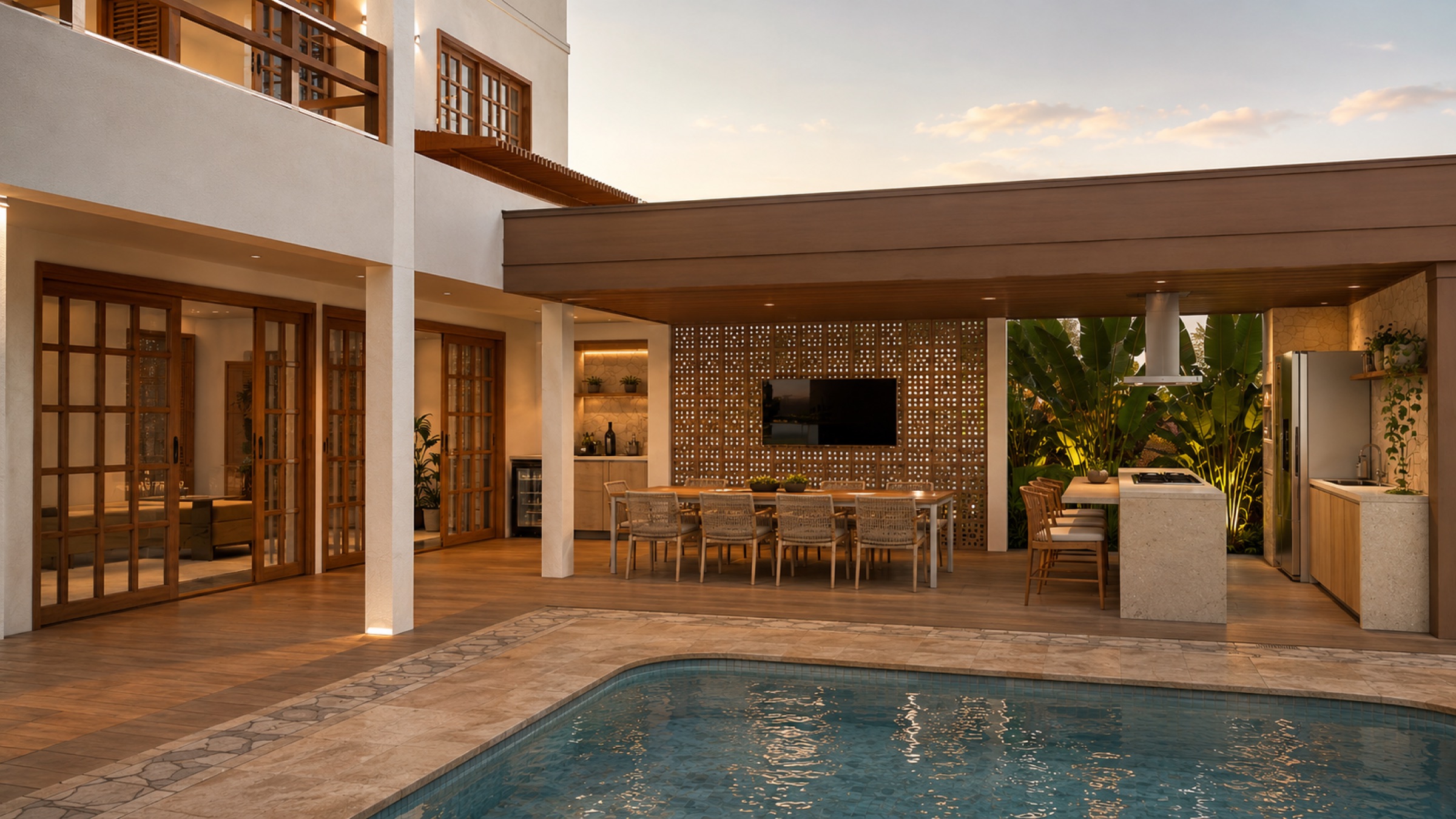 Área gourmet junto à piscina com cobogó, madeira e mesa de jantar
