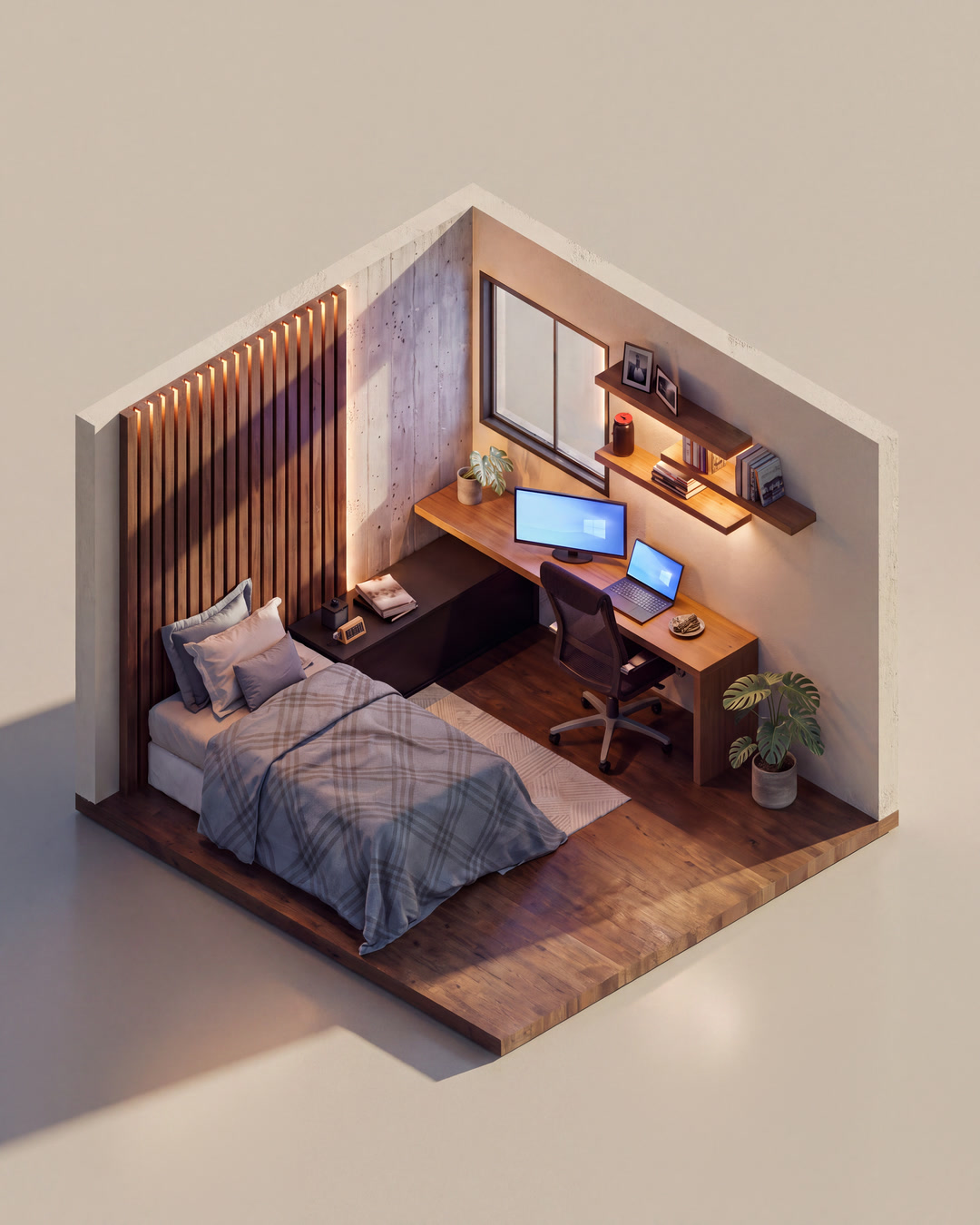 Suíte e closet — corte isométrico