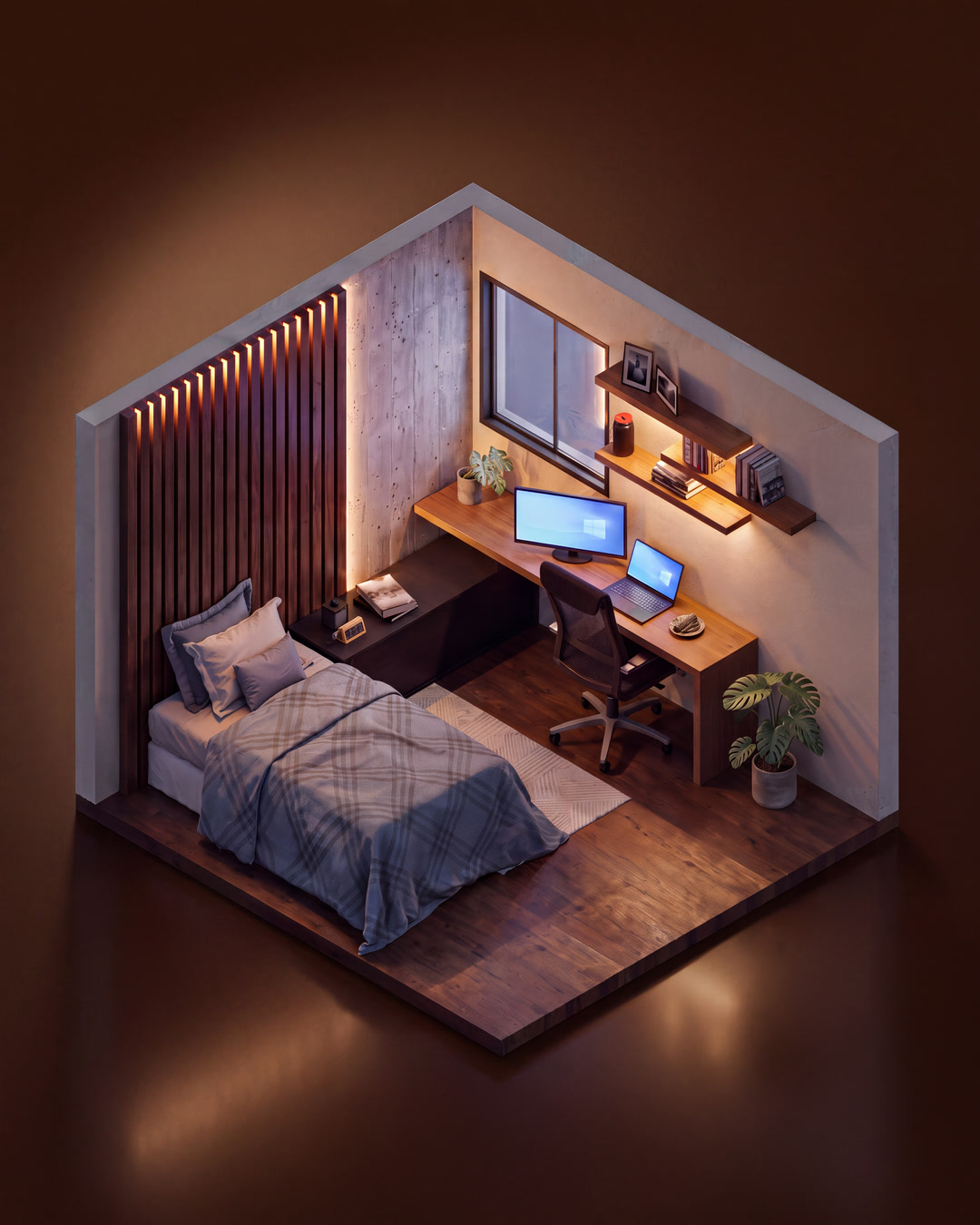Quarto com home office — corte isométrico