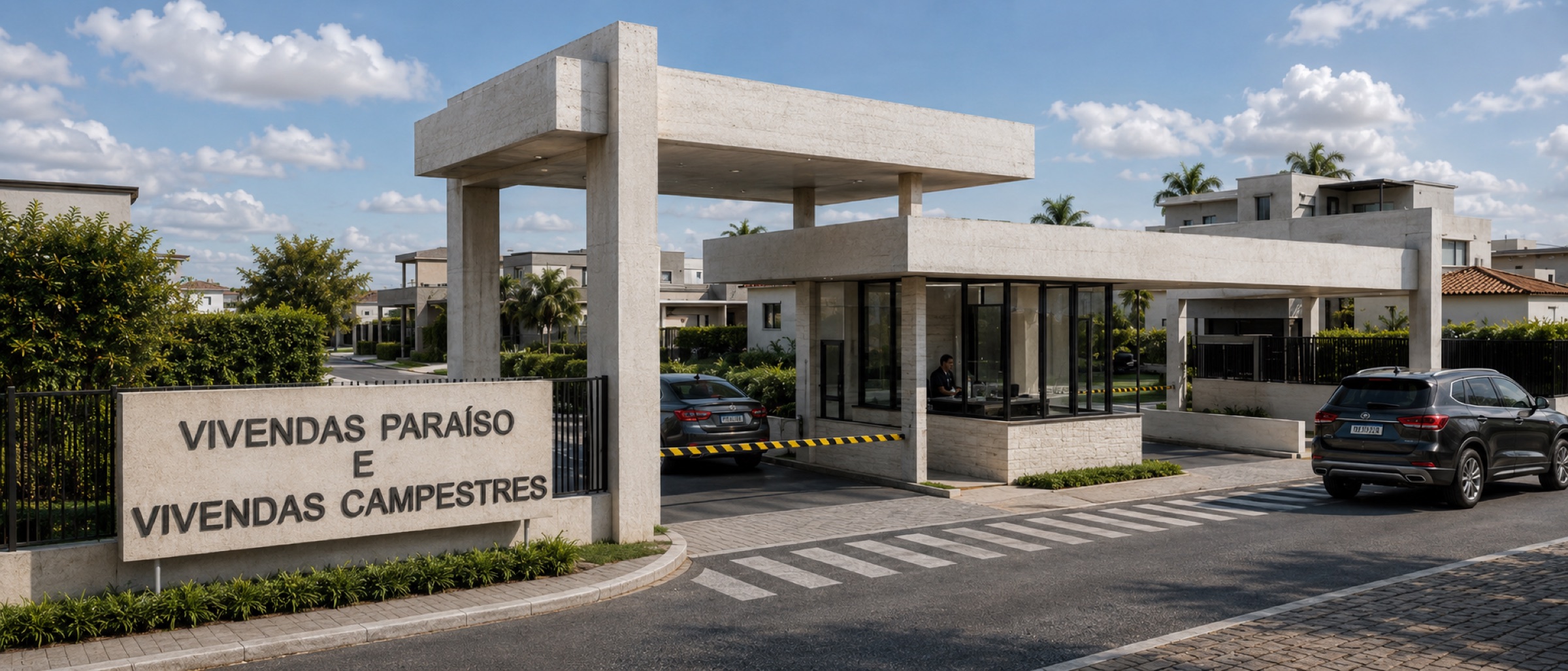 Portaria de condomínio com lajes de concreto cruzadas, guarita em vidro e muro em pedra