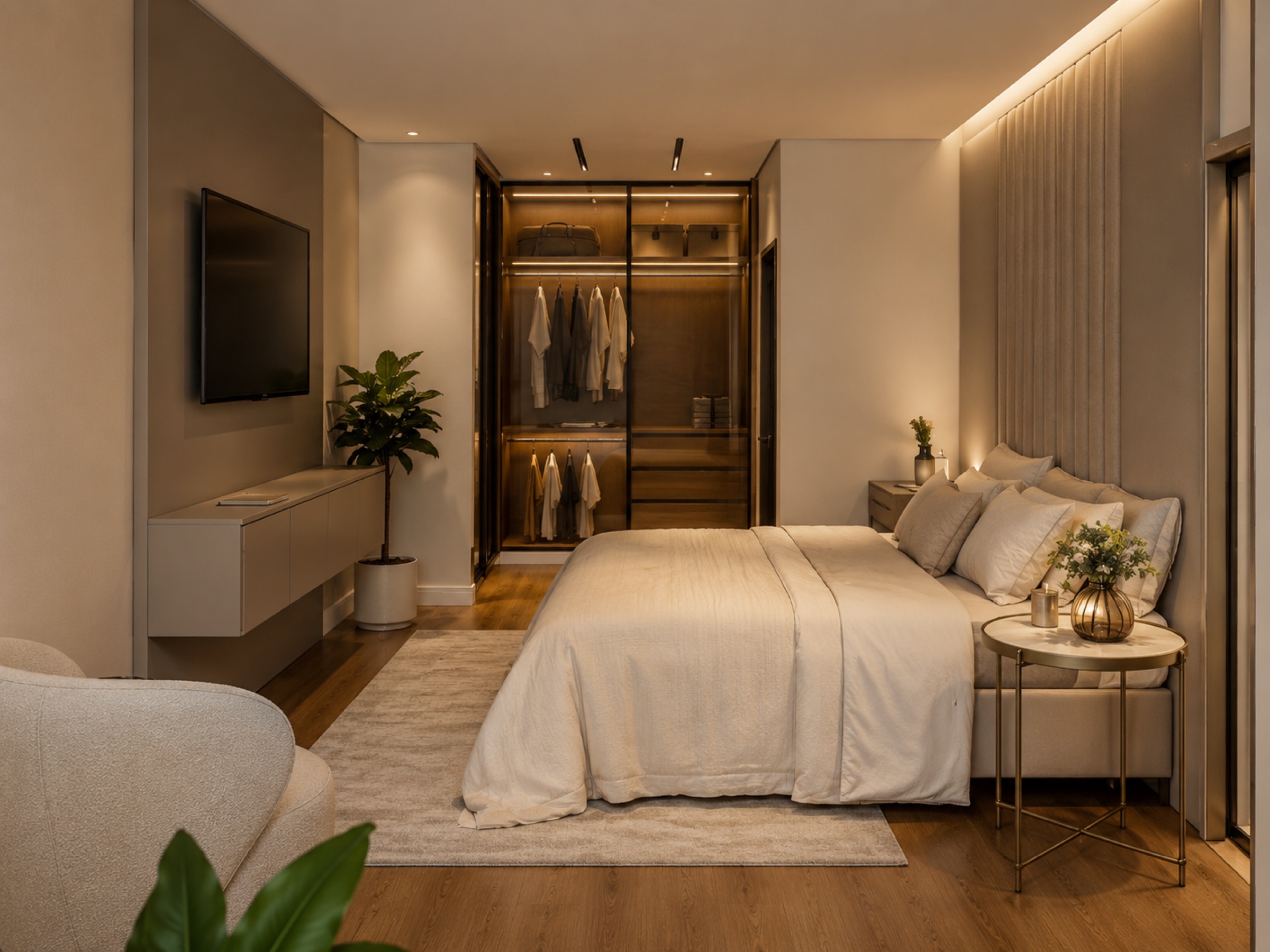 Quarto de casal com closet iluminado, marcenaria clara e cabeceira estofada